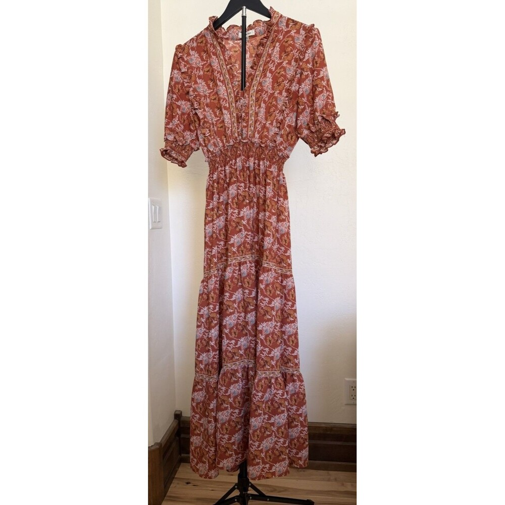 Max Studio Prairie Maxi Dress M Rust Floral Smocked Ruffle Brown Cottagecore